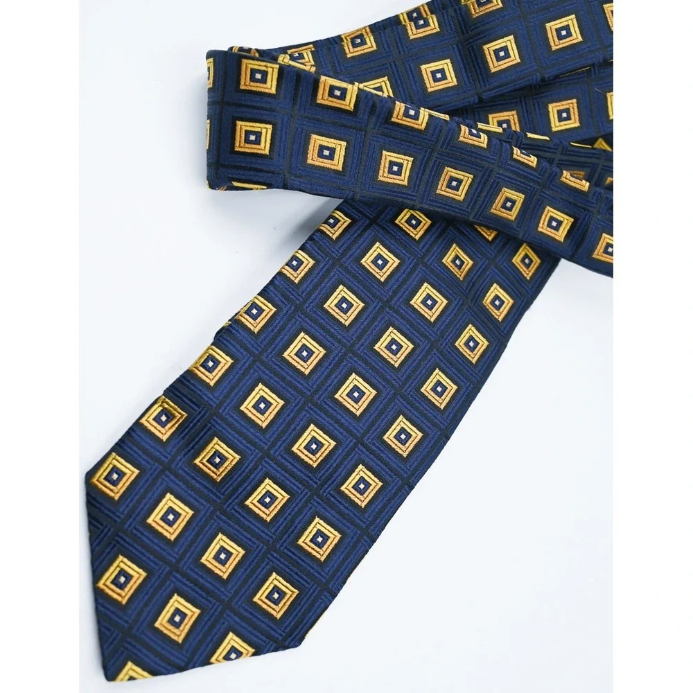 Canali Mens Silk Tie Navy Blue Gold Geometric Square Pattern Made in Italy
